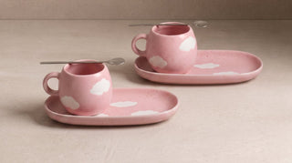 Two Pink Cloud espresso mugs on matching mini trays — handmade coffee sets, Egg Back Home