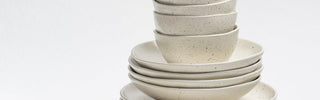 Stack of Caelum stoneware plates and bowls — handmade dinnerware sets, Egg Back Home