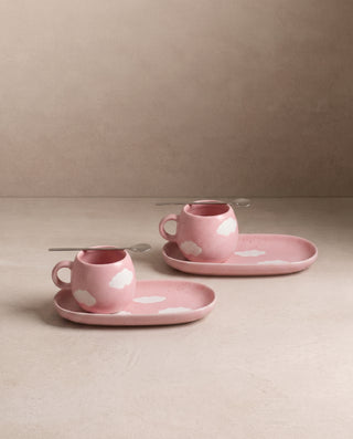 Pink Cloud Set 2 Espresso Mug + 2 Mini Tray – handmade stoneware tableware set – Egg Back Home