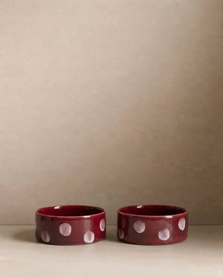 Pop Dots Stoneware Pet Bowl 16,5cm Burgundy 2 Pieces Set – handmade stoneware pet bowl – Egg Back Home